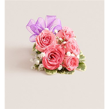 Pink Spray Rose Corsage-Purple Bow