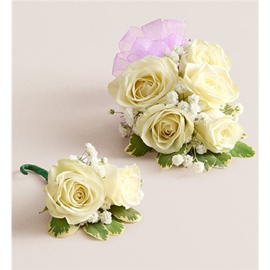 White Spray Corsage & Bout -Lavender Bow